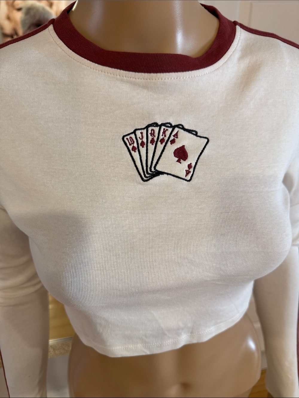Cream Cropped Long Sleeve Top with Card Deck Embroidery